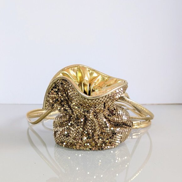 Whiting And Davis Vintage Gold Mesh Mini Drawstring Bucket Bag Disco Metallic - Picture 1 of 7